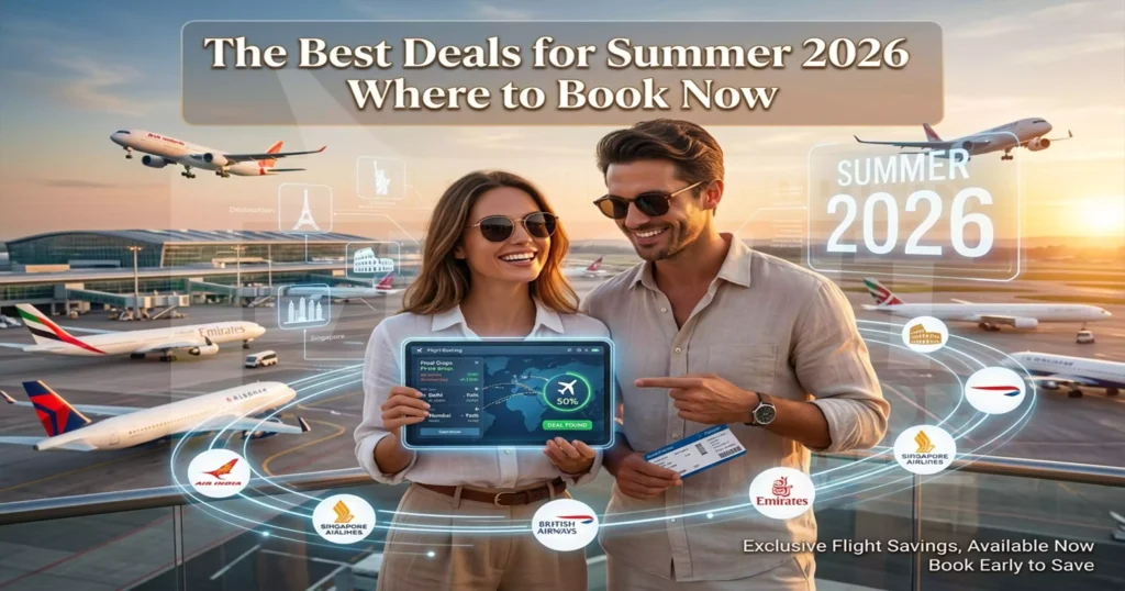 A stylized composite image for a travel blog titled 'The Best Deals for Summer 2026: Where to Book Now,' featuring a couple at a busy airport holding a tablet that displays a flight deal, surrounded by holographic destination icons and several airline logos.