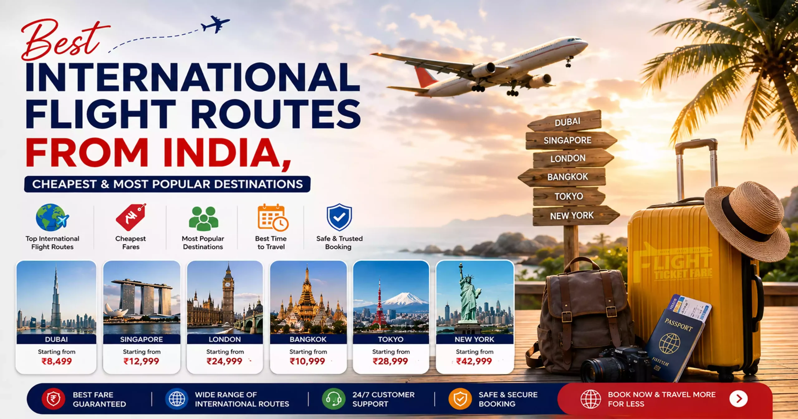 Flight Ticket Fare travel graphic showing international flight routes from India, cheapest fares, popular destinations, travel icons, destination cards, luggage, passport, and an airplane.