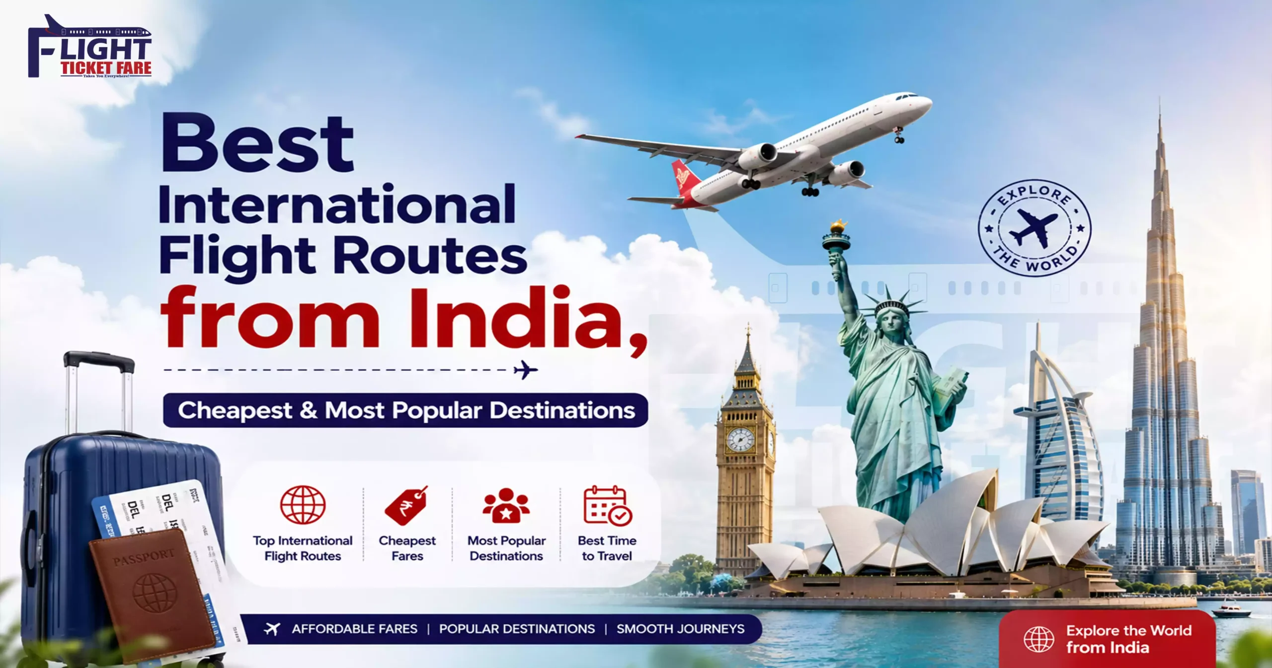 Flight Ticket Fare featured image showing the best international flight routes from India, cheapest fares, popular destinations, airplane, passport, luggage, and global landmarks.