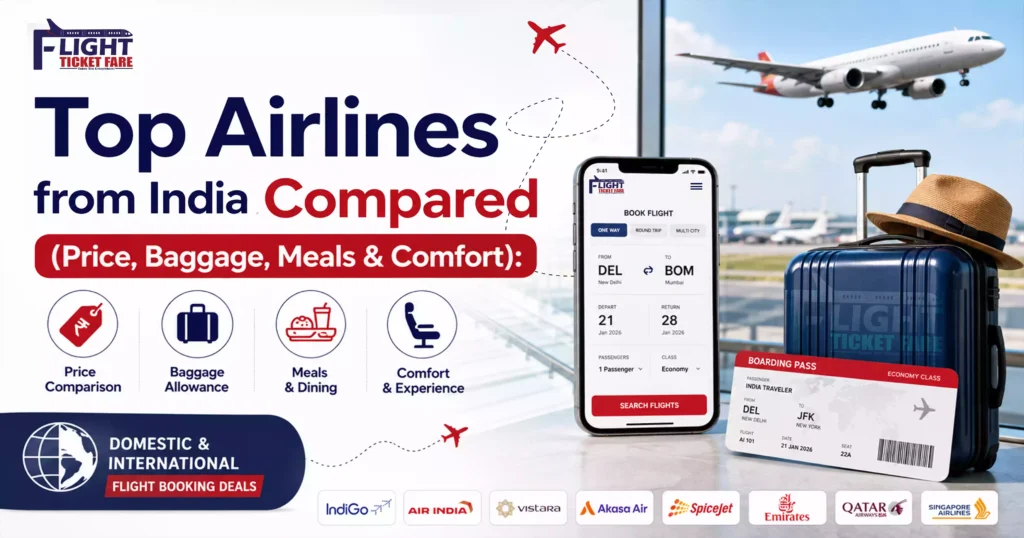 Featured blog image by Flight Ticket Fare showing the top airlines from India compared for 2026 with price, baggage, meals, comfort, domestic and international flight booking deals, airplane, airport terminal, luggage, boarding pass, and flight booking mobile app.