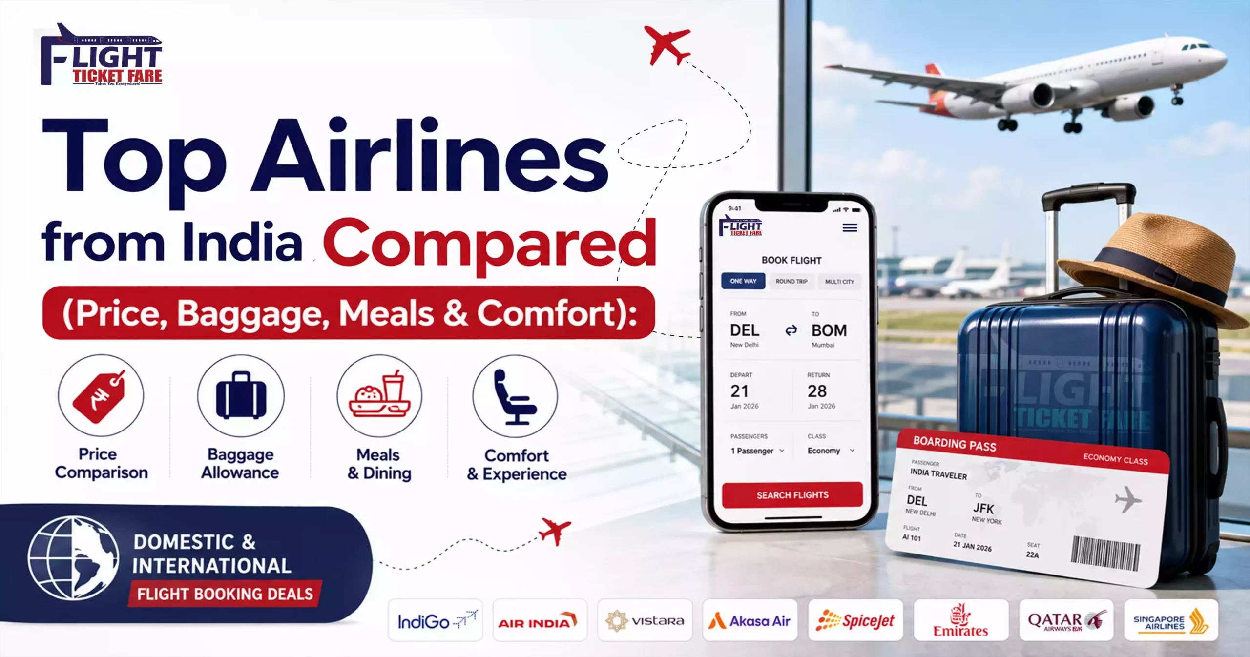 Flight Ticket Fare presents a complete comparison of the top airlines from India for 2026, covering airfare, baggage allowance, meals, comfort, and the best domestic & international flight booking deals.